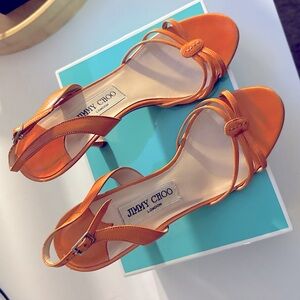 Jimmy Choo Sling Back High Sandal Strappy Shoe Orange Leather New Size 37.5